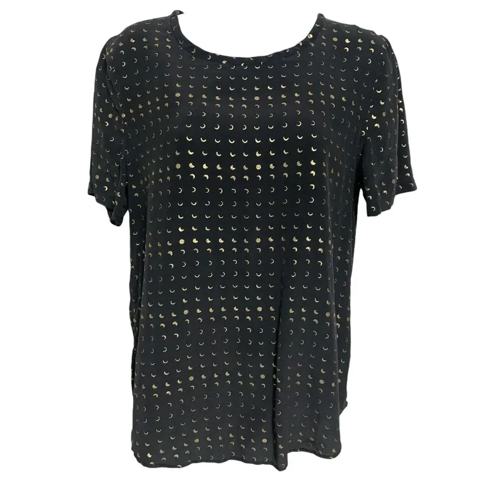 Equipment Gold Moon Phases Black Silk T-Shirt Womens Size XS